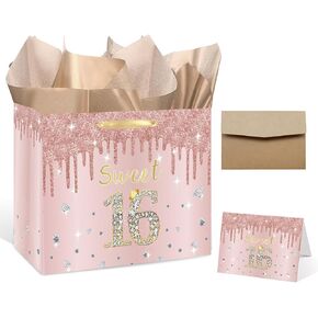 GOLDCROW Sweet 16 Gift Bag with Tissue Paper and Birthday Card Rose Gold 16th Birthday Gift Wrap Bag for Girls 16th Bday Bag with Wrapping Paper Sweet 16 Party Supplies Decorations