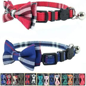 Cat Collar Breakaway with Bell and Bow Tie, Plaid Design Adjustable Safety Kitty Kitten Collars Set of 2 PCS(6.8-10.8in) (Red&Blue Plaid)