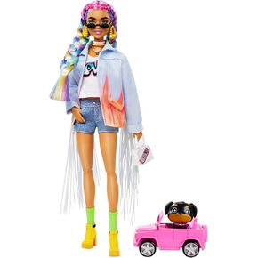 Barbie Extra Doll & Accessories with Rainbow Braids in Long-Fringe Denim Jacket with Pet Puppy and Car for Pet