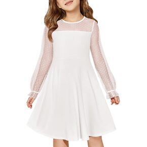 Haloumoning Girls Contrast Mesh Long Sleeve High Waist A Line Short Dress with Pockets 4-14 Years in Kuwait