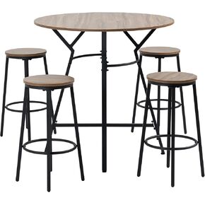 GIA Series 5pcs Industrial Dining Set Include Round 35.4"x35.4" Bar Table and Four Matching Stools, Set of 5, Black/Brown