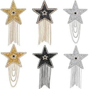 6 PCS Iron on Applique Patches Sparkling Rhinestone Star with Chains Tassel Five-Pointed Star Pattern Clothes Patches Iron on Appliques for Hat Clothing Dress Bag Pants Jeans