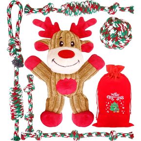 Christmas Dog Toys - 7 Pack Rope & Plush Squeaky Toys, Interactive & Tough, Perfect for Small & Medium Dogs