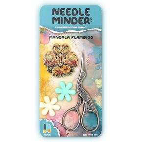 Awesome Pattern Studio Needle Minder Set - Mandala Flamingo Magnetic Needle Minder + 2 Needle Threaders + Crane Scissors. Enamel Pin for Cross Stitch, Embroidery and Craft