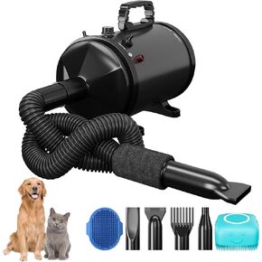 High Velocity Professional Pet Grooming Dryer with Adjustable Speed and Temperature, Dog Blow Dryer with 4 Nozzles, Pet Hair Dryer with Bonus Dog Bath Brush & Dog Shampoo Brush, Black