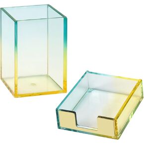 Koqye Acrylic Rose Gold Pen Holder & Memo Pad Sticky Notes Holder - Desk Organizer Set for Office & Home Decor (Yellow & Green)