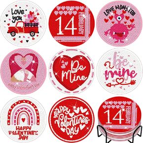 8 Pcs Valentine‘s Day Diamond Painting Coasters Diamond Art Coasters DIY Diamond Coasters Painting Kits Coasters for Gifts Beginner Adults Kids Art Table Home Craft Gift Supplies