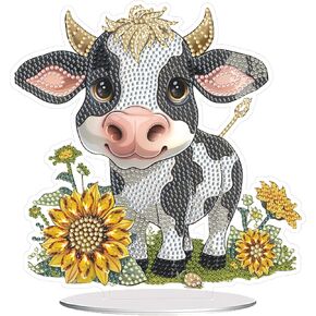 Eiflow Tabletop Diamond Art Painting Kit Ornament Cow, 7.7x8.0inch Stand Up Gem Painting Kit for Adults Animal, DIY Desktop Diamonds Painting Craft Placement Board Kit