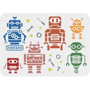FINGERINSPIRE Robot Stencils 11.7x8.3 inch Robots Painting Stencil Plastic Screw Nut Screwdriver Wrench Hammer Pattern Stencils Resuable DIY Robot Crafts Stencil for Painting on Wood Floor Wall