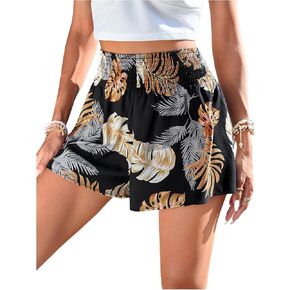 SOLY HUX Women's Tropical Print Elastic High Waisted Shorts Casual Summer Wide Straight Leg Shorts