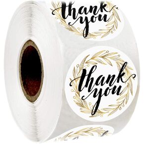 easykart labels 500 Thank You Label Sticker 1.5" Round with Gold Leaf for Birthdays, Weddings, Giveaways, Bridal Showers and Perfect for Small Business Owner (1 Roll)