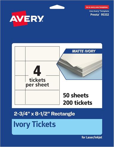 Avery Printable Rectangle Tickets, 2-3/4" x 8-1/2", Matte Ivory Cardstock, Laser/Inkjet, 200 Total in Saudi Arabia