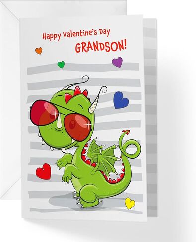 Single Valentine’s Day Card For Grandson | Cool Dragon With Blank Image For Coloring | Your Purchase Helps Animals In Need | 5"x7.5" | Vday Card with Envelope | Made in USA | Female in Kuwait