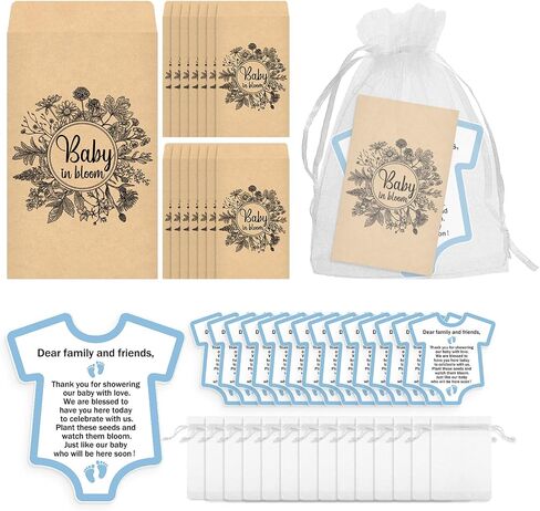 100 Pcs Baby Shower Seed Packets Baby in Bloom Flower Seed Packets Bulk 100 Thank You Cards 100 Organza Gift Bags for Party Gift Favors, No Seeds(Blue) in Kuwait