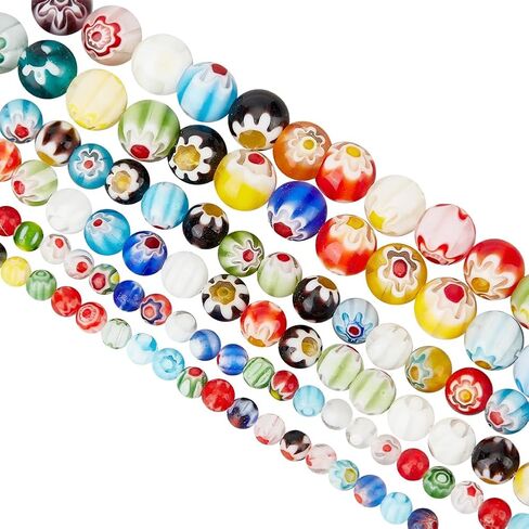 OLYCRAFT about 212~218 Pcs Handmade Flower Millefiori Lampwork Glass Beads 4mm 6mm 8mmm Round Glass Flower Beads 1mm Hole Loose Mixed Color Mosaic Beads for Jewelry Bracelet Necklace Making DIY Craft in Saudi Arabia