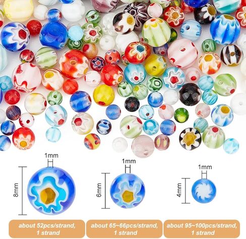 OLYCRAFT about 212~218 Pcs Handmade Flower Millefiori Lampwork Glass Beads 4mm 6mm 8mmm Round Glass Flower Beads 1mm Hole Loose Mixed Color Mosaic Beads for Jewelry Bracelet Necklace Making DIY Craft in Saudi Arabia