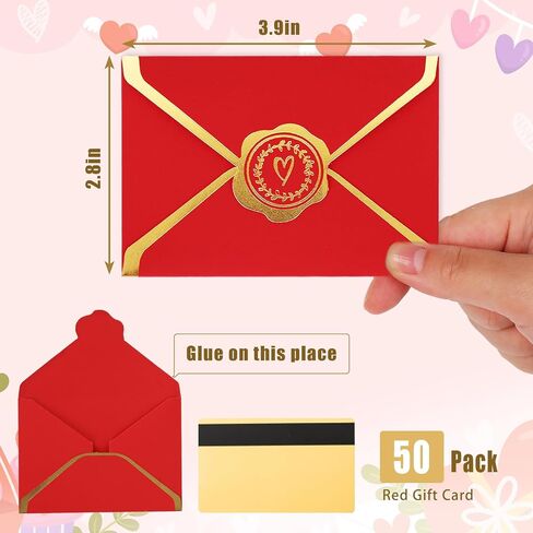 50Pcs Valentine's Day Red Mini Gift Card Envelopes Bulk Greeting Card Holders with Gold Border Invitation Sleeves for Mailing Sending Cards, 2.8 x 3.9 Inch in Saudi Arabia