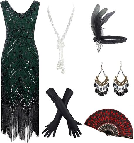 1920s Inspired Fringe Gatsby Flapper Midi Party Dress with Accessories Set in Saudi Arabia