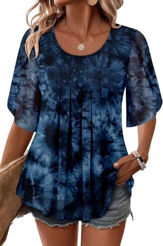 onlypuff Womens Double Layered Tunic Tops Half Sleeve Floral Double Layered Sheer Flowy Blouse Round/V Neck Casual Shirts in Kuwait