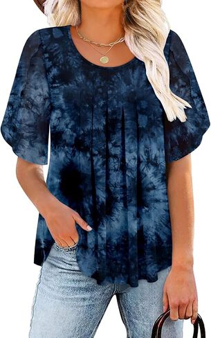 onlypuff Womens Double Layered Tunic Tops Half Sleeve Floral Double Layered Sheer Flowy Blouse Round/V Neck Casual Shirts in Kuwait