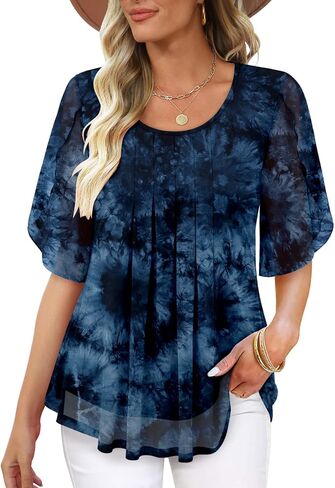 onlypuff Womens Double Layered Tunic Tops Half Sleeve Floral Double Layered Sheer Flowy Blouse Round/V Neck Casual Shirts in Kuwait