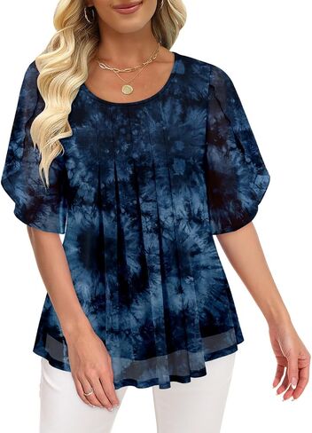 onlypuff Womens Double Layered Tunic Tops Half Sleeve Floral Double Layered Sheer Flowy Blouse Round/V Neck Casual Shirts in Kuwait