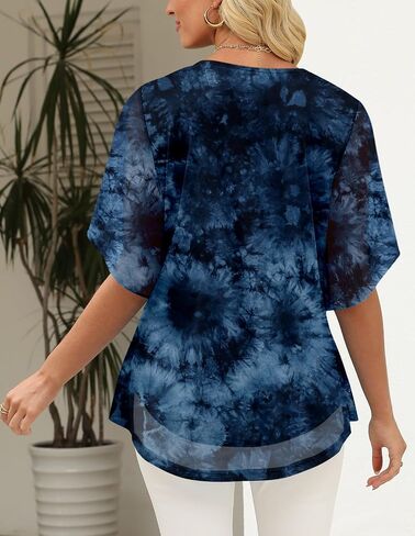 onlypuff Womens Double Layered Tunic Tops Half Sleeve Floral Double Layered Sheer Flowy Blouse Round/V Neck Casual Shirts in Kuwait