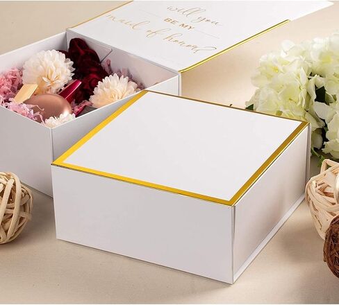 هل ستكون Juvale ستكون صناديق هدايا اقتراح وصيفات الشرف ، ومربعان وصيفان واحد وخادمة الشرف فارغة لعروض الزفاف ، أبيض مع نص رقائق ذهبية ، 8 × 8 × 3.6 بوصة in Kuwait