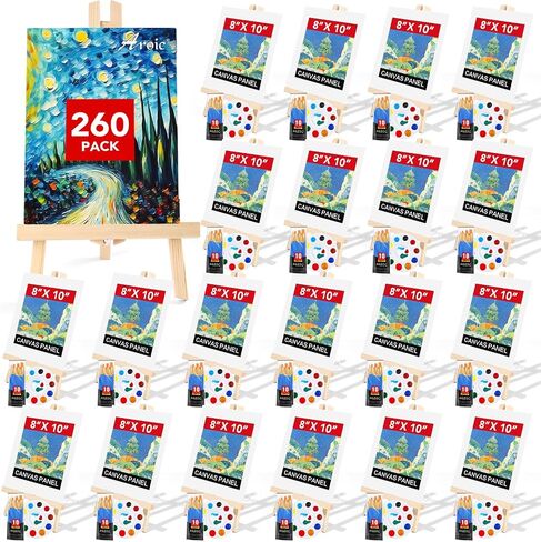 AROIC 260 Pack Easel and Canvas Sets with 20 Wood Easels,200 Brushes,20 Canvas and 20 Palette, Painting Set, Tabletop Easel, Art Easels, Painting Supplies for Kids & Adults to Painting Party in Saudi Arabia