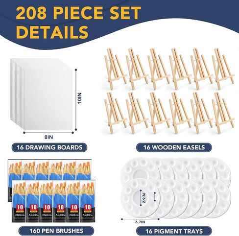 AROIC 260 Pack Easel and Canvas Sets with 20 Wood Easels,200 Brushes,20 Canvas and 20 Palette, Painting Set, Tabletop Easel, Art Easels, Painting Supplies for Kids & Adults to Painting Party in Saudi Arabia