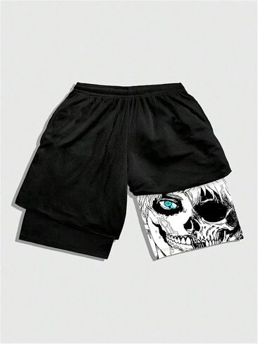 WDIRARA Men's 2 In1 Goth Graphic Print Drawstring Elastic Waist Shorts Athletic Shorts in Kuwait