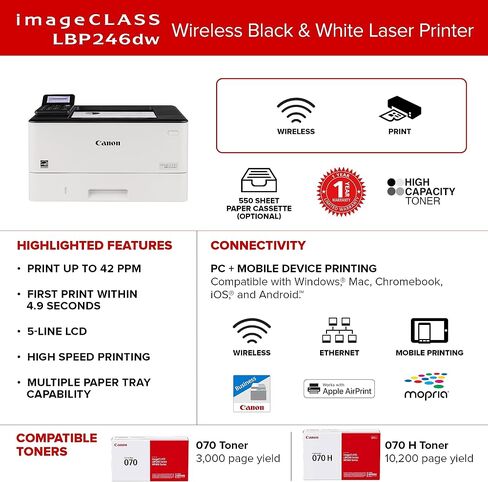 Canon imageCLASS LBP246dw - Monochrome Duplex, Wireless Laser Printer, Single Function, Mobile Ready, with 1 Year Limited Warranty, 42 PPM, White in Saudi Arabia