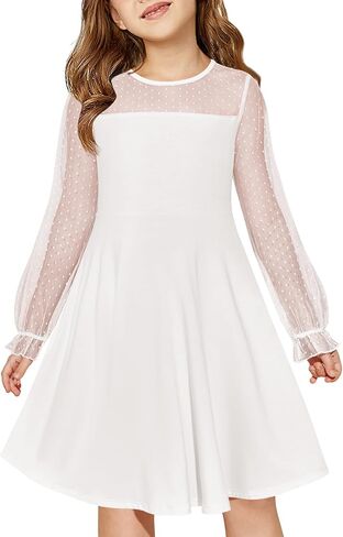 Haloumoning Girls Contrast Mesh Long Sleeve High Waist A Line Short Dress with Pockets 4-14 Years in Kuwait