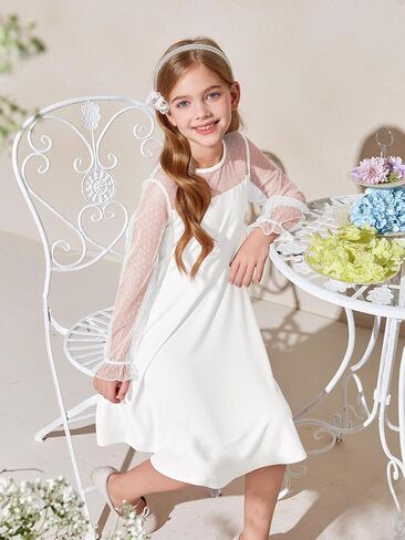 Haloumoning Girls Contrast Mesh Long Sleeve High Waist A Line Short Dress with Pockets 4-14 Years in Kuwait