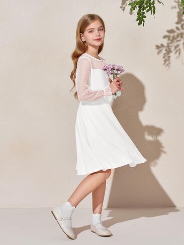 Haloumoning Girls Contrast Mesh Long Sleeve High Waist A Line Short Dress with Pockets 4-14 Years in Kuwait