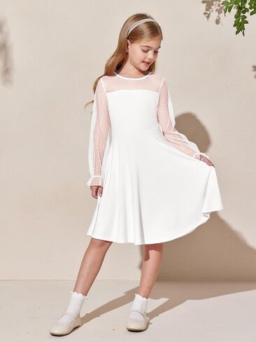 Haloumoning Girls Contrast Mesh Long Sleeve High Waist A Line Short Dress with Pockets 4-14 Years in Kuwait