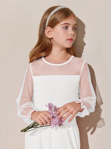 Haloumoning Girls Contrast Mesh Long Sleeve High Waist A Line Short Dress with Pockets 4-14 Years in Kuwait