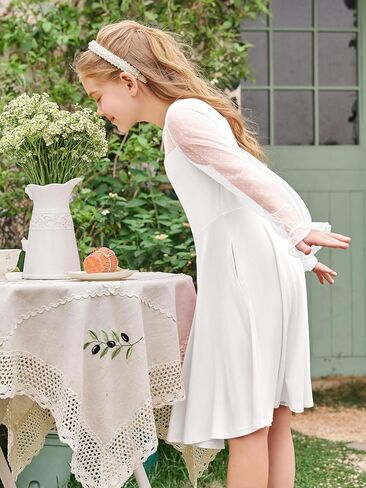 Haloumoning Girls Contrast Mesh Long Sleeve High Waist A Line Short Dress with Pockets 4-14 Years in Kuwait