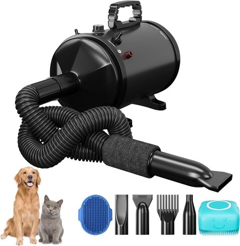 High Velocity Professional Pet Grooming Dryer with Adjustable Speed and Temperature, Dog Blow Dryer with 4 Nozzles, Pet Hair Dryer with Bonus Dog Bath Brush & Dog Shampoo Brush, Black in Saudi Arabia