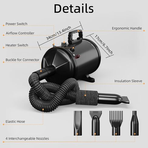 High Velocity Professional Pet Grooming Dryer with Adjustable Speed and Temperature, Dog Blow Dryer with 4 Nozzles, Pet Hair Dryer with Bonus Dog Bath Brush & Dog Shampoo Brush, Black in Saudi Arabia