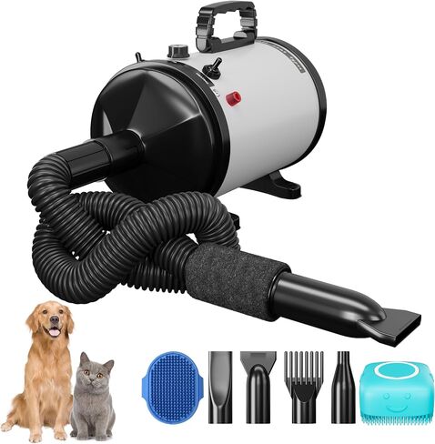 High Velocity Professional Pet Grooming Dryer with Adjustable Speed and Temperature, Dog Blow Dryer with 4 Nozzles, Pet Hair Dryer with Bonus Dog Bath Brush & Dog Shampoo Brush, Black in Saudi Arabia