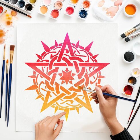 MAYJOYDIY Magic Star Witchcraft Stencil 11.8×11.8inch Pentagram Divination Stencil with Paint Brush Mystical Astrolabe Drawing Template for Painting on Wood DIY Crafts Wall Canvas in Saudi Arabia