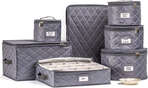 Teemto China Storage Containers Quilted. 7PC Dishes Storage Kit with 48 Cut-to-Size Felt Inners. Fine China, Plate Platter, Glass and Dish, Crystal Stemware, Moving Supplies in Saudi Arabia