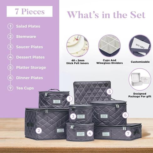 Teemto China Storage Containers Quilted. 7PC Dishes Storage Kit with 48 Cut-to-Size Felt Inners. Fine China, Plate Platter, Glass and Dish, Crystal Stemware, Moving Supplies in Saudi Arabia