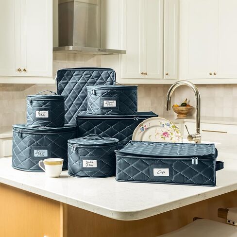 Teemto China Storage Containers Quilted. 7PC Dishes Storage Kit with 48 Cut-to-Size Felt Inners. Fine China, Plate Platter, Glass and Dish, Crystal Stemware, Moving Supplies in Saudi Arabia