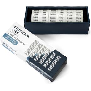 1500pcs Clothing Size Strip Labels Box Set, 1.25" x 5" Labels, 6 Rolls (XS, S, M, L, XL, XXL), 250 Labels/Roll, Clear Clothing Size Sticker Labels for Shirts, Pants, Accessories, Retail Clothing