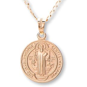 14K Gold San Benito medal with chain, Scapular necklace pendant Saint Benedict, St Benito protection double side view charm, Catholic Jewelry Godfather Godmother first communion baptism wedding gift