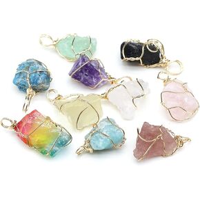 LHJ 10 Pcs Natural Crystal Stone Pendants Irregular Raw healing Crystal Hand knitting Energy Stone Charms for Jewelry Making Necklace Bracelet