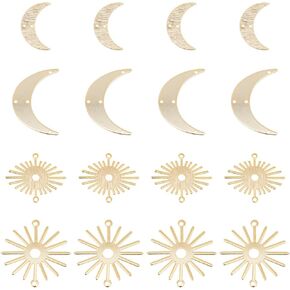 SUPERFINDINGS 16Pcs 4 Styles Moon Sun Connector Charms Real 24K Gold Crescent Links Connector Charms Brass Links Charms With Double Hole Moon Sun Shaped Blank Links for DIY Earring Jewelry Making