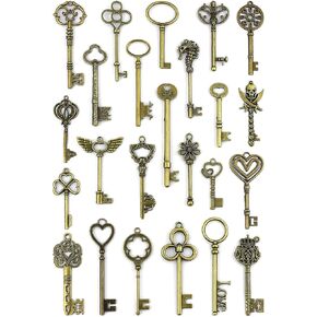 24 Pcs Vintage Large Skeleton Key Set Charms, Mixed Antique Style Bronze Keys for DIY Crafts Jewelry Making Necklace Party Decor Decoration